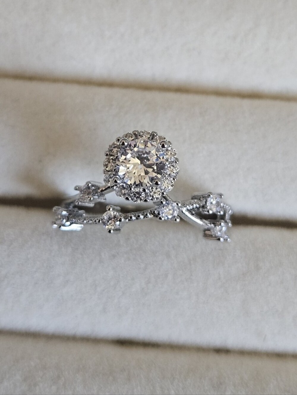 Silver Plated Nature Inspired Round Cut CZ Halo Ring